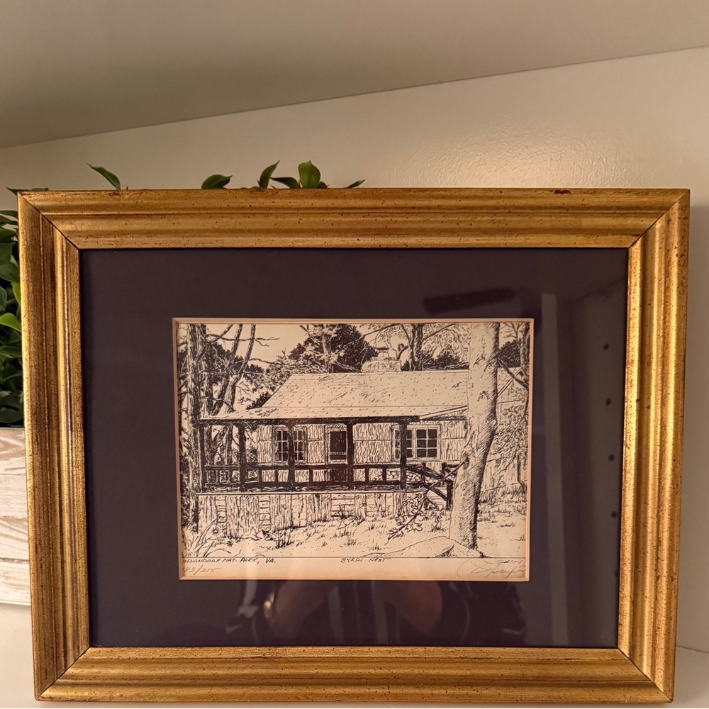 Framed Print Etching titled "Byrd's Nest" w/a cabin /Shenandoah National Park VA